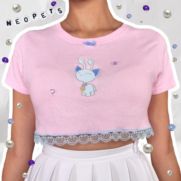 Dolls Kill Tops - NEOPETS BABY AISHA PASTEL PINK EMBROIDERY T-SHIRT